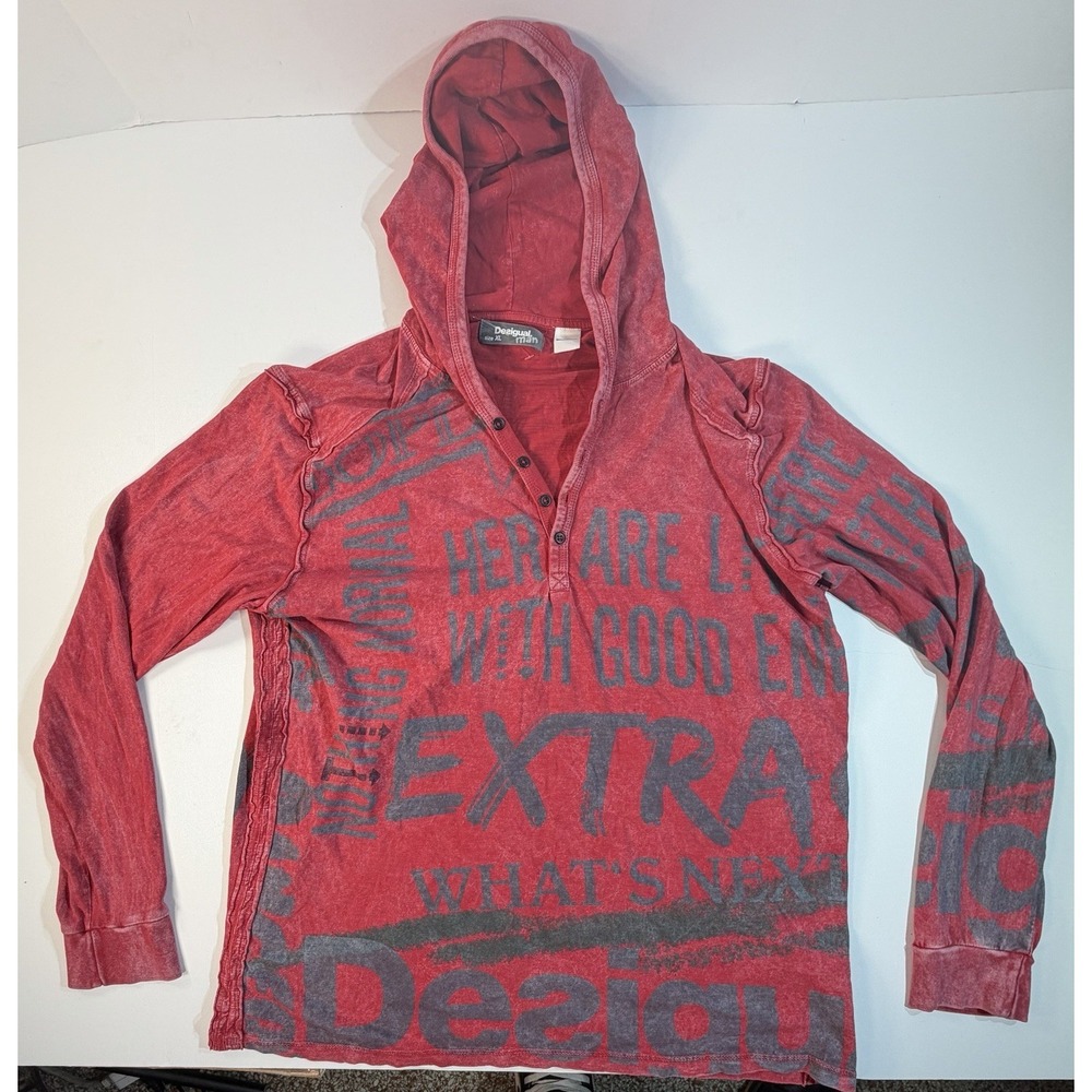 Desigual Hoodie Mens XL Red Graphic Pullover Streetwear Distressed Style